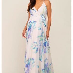 Blue and Green Maxi Dress with Plunge Neckline for Wedding Guest